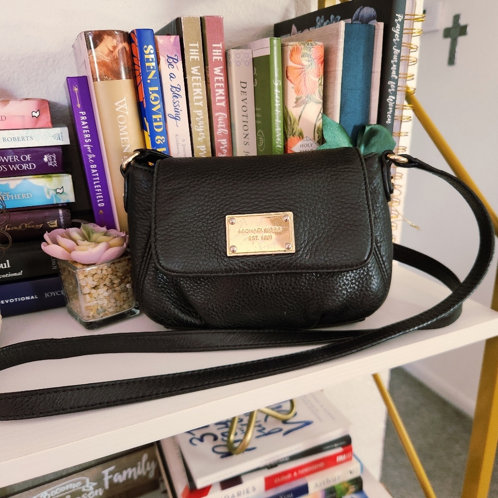 Michael Kors Black Leather Crossbody Bag with Gold Accents